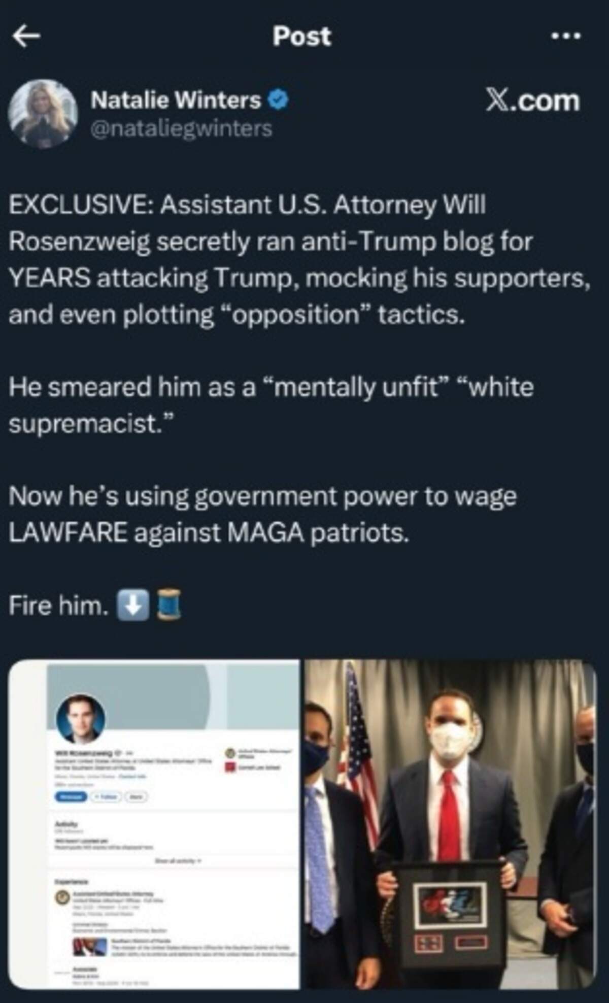 In September 2025, conservative political commentator Natalie Winters posted on X about Miami-based federal prosecutor Will Rosenzweig. Winters tagged the X account of then-U.S. Attorney General Pam Bondi. The post was viewed about 1.5 millions times.
